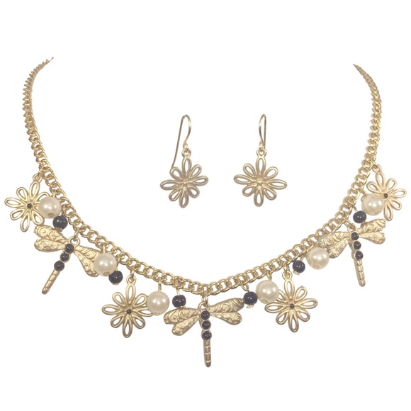 Black Dot Dragonfly Pearl Daisy Flower Charm Gold Necklace Earrings Set - Picture 1 of 3